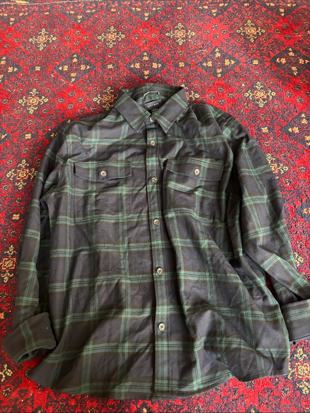 Kit and Ace Black and Green Plaid Button-Down Shirt